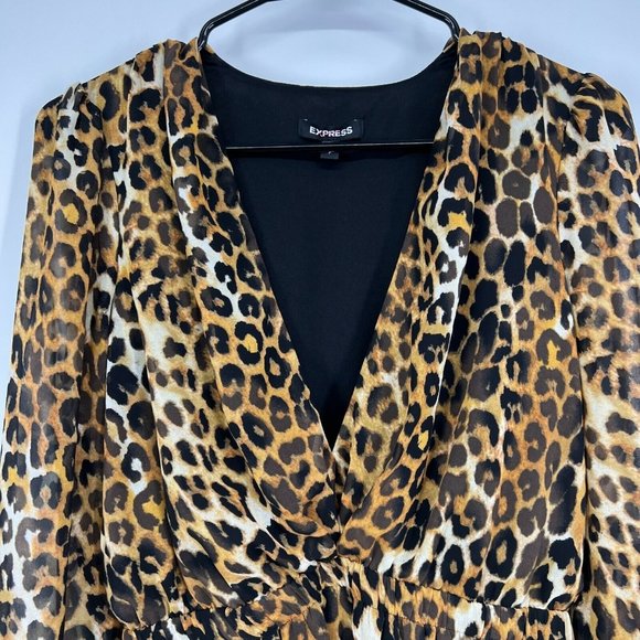 Express Dress Brown Black Leopard Print Long Sleeve Mini V Neck - Picture 4 of 11
